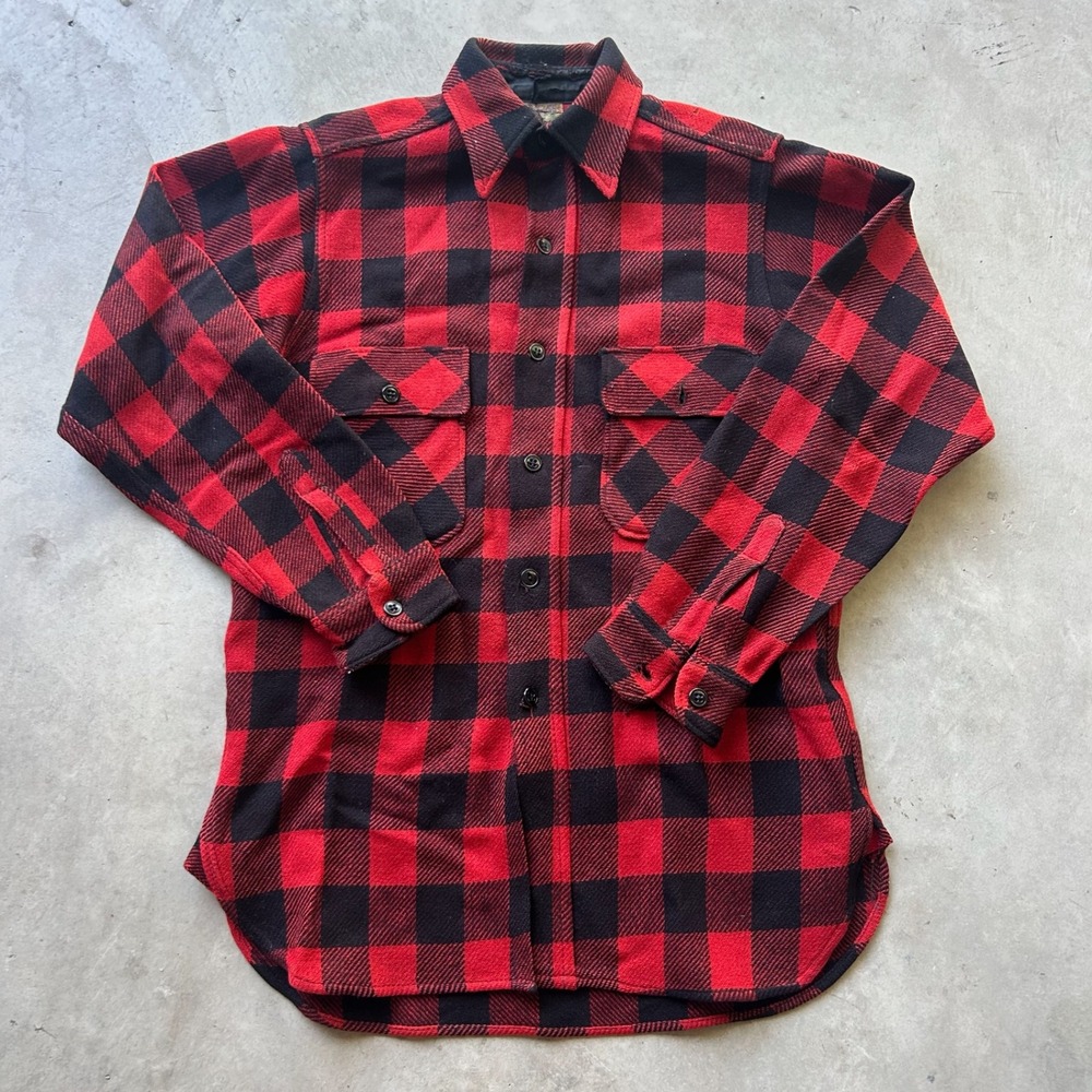 Vintage 50s Hercules Wool Flannel Shirt Red Black Buffalo Plaid Workwear 21x29